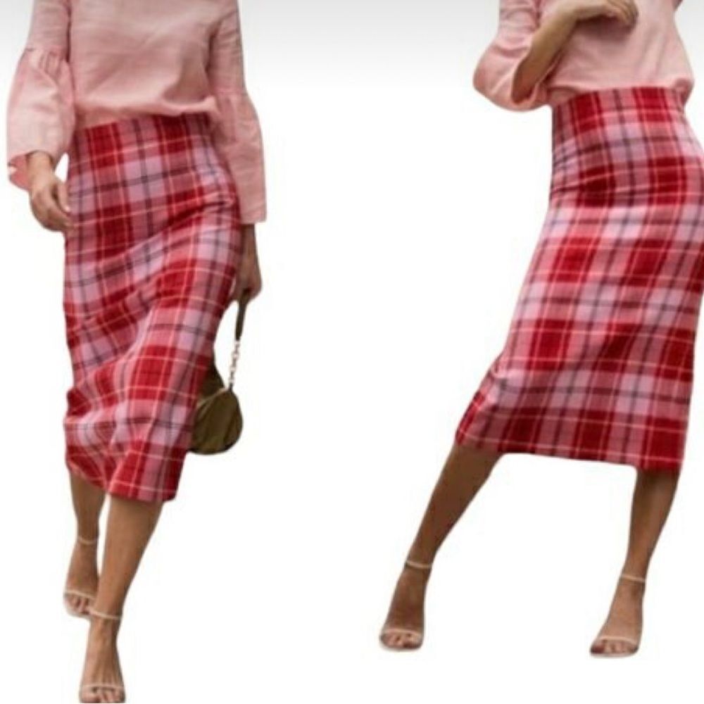 NEW Zara Red/Pink Check Pencil Skirt